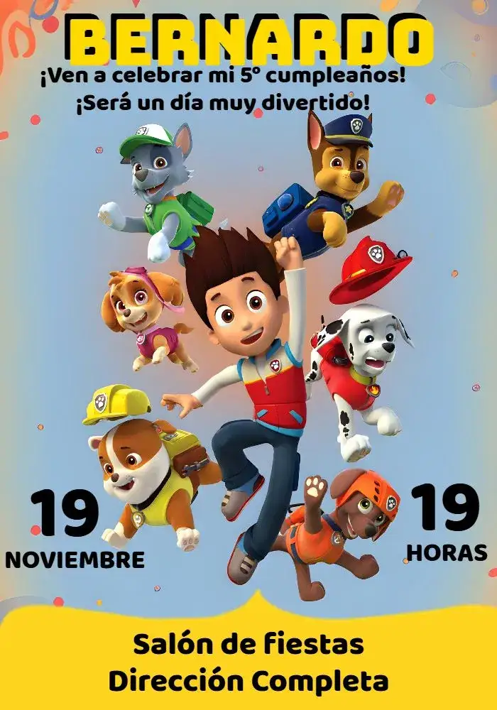 Invitación Patrulla Canina Amarillo – tema Cumpleaños Infantil amarillo vibrante, divertido, infantil, temático, colorido, animado