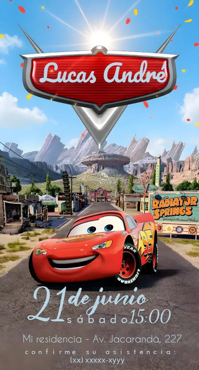 Invitación Relámpago Mcqueen Coches – tema Más buscados colorido, divertido, temático, infantil, animado, moderno