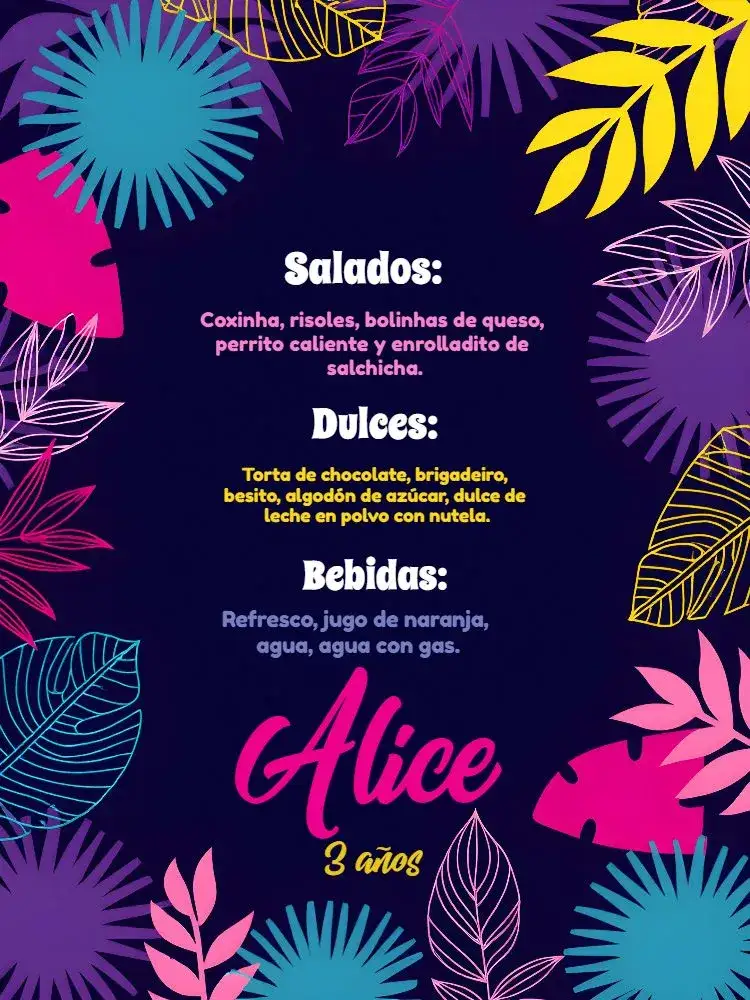 Invitación Menú Tropical Farofa – tema Despedida de Soltera tropical, floral, neón, colorido, festivo, desenfadado