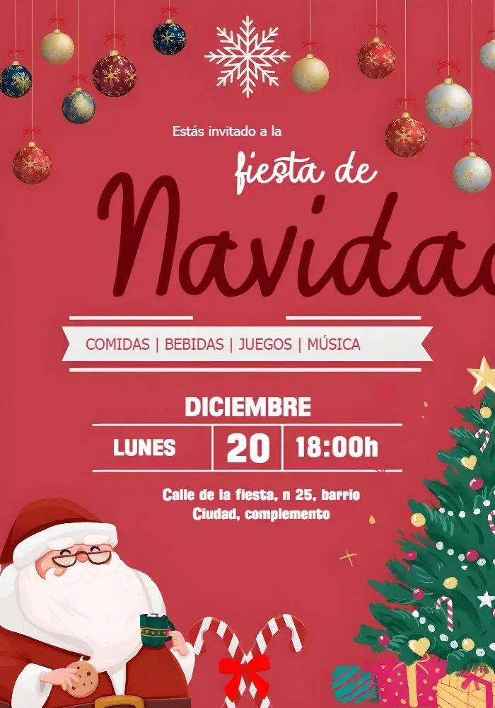 Invitación Fiesta De Navidad Noel – tema Fechas Conmemorativas rojo vibrante, clásico, festivo, divertido, ilustraciones navideñas, elegante