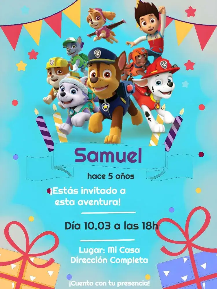 Invitación Patrulla Canina Blanco – tema Cumpleaños Infantil colorido, divertido, temático, infantil, animado