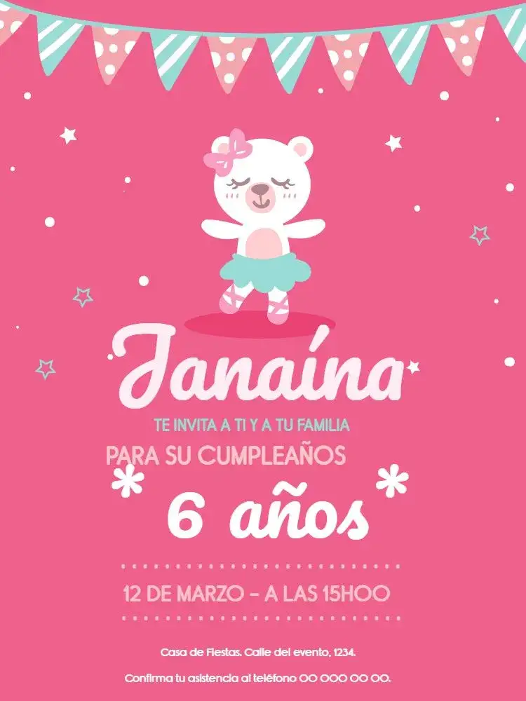 Invitación Celebración Osita Niña – tema Baby Shower rosa, infantil, delicado, lúdico, divertido, colorido