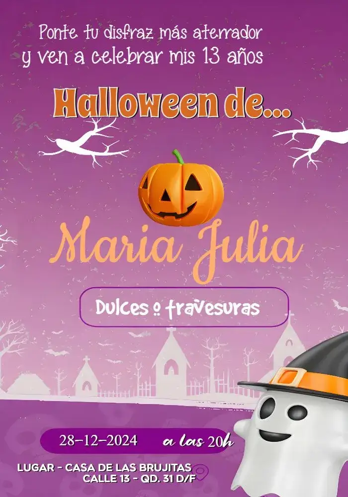 Invitación Halloween Morado – tema Fechas Conmemorativas morado, amarillo, fantasmas, calabazas, divertido, temático