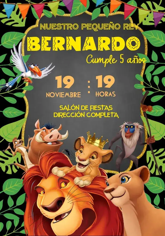 Invitación Rey León Naranja – tema Cumpleaños Infantil animales, sabana, colores vibrantes, aventura, infantil, divertido