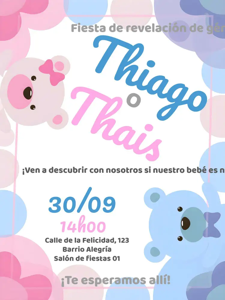 Invitación Baby Shower Teddy Bear Tea – tema Revelación Bebé lindo, colorido, ilustración de osito, moderno, divertido, infantil