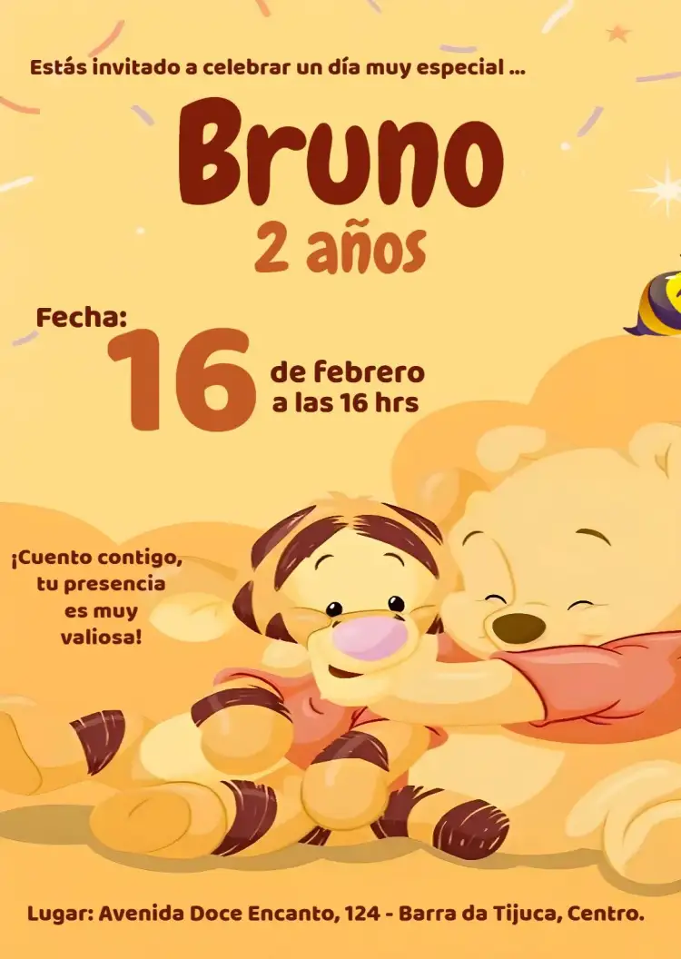 Invitación Oso Pooh Amarillo Cumpleaños – tema Cumpleaños Infantil amarillo, infantil, lúdico, temático, colorido