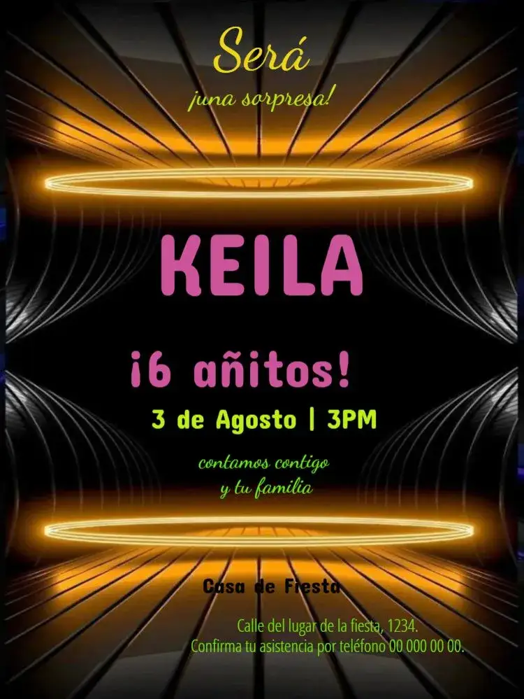 Invitación Neon Datos Fichas Para Editar Infantil – tema Cumpleaños Infantil neón, colorido, lúdico, divertido, moderno