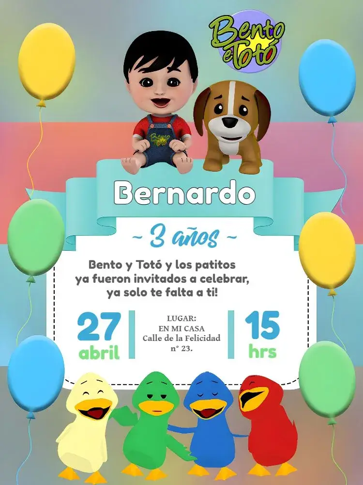 Invitación Bento Y Totó Los Patitos Coloridos Infantil