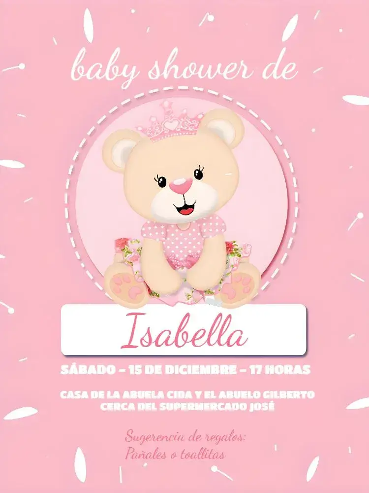Invitación Baby Shower Princesa Oso Rosa – tema Revelación Bebé rosa, blanco, ositos, princesa, delicado, infantil