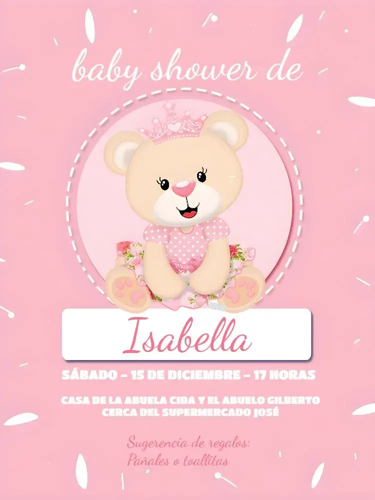 Invitación Baby Shower Princesa Oso Rosa