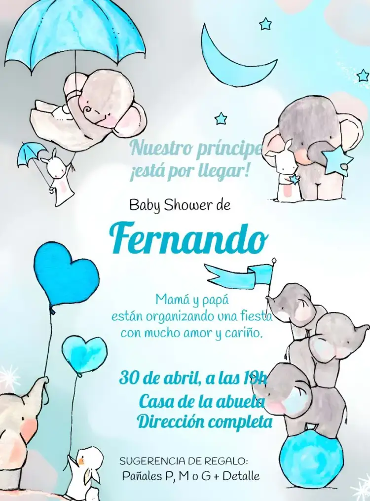 Invitación Baby Shower Elefantito Acuarela Azul Niño Infantil – tema Baby Shower acuarela, infantil, azul, animales, divertido, ligero