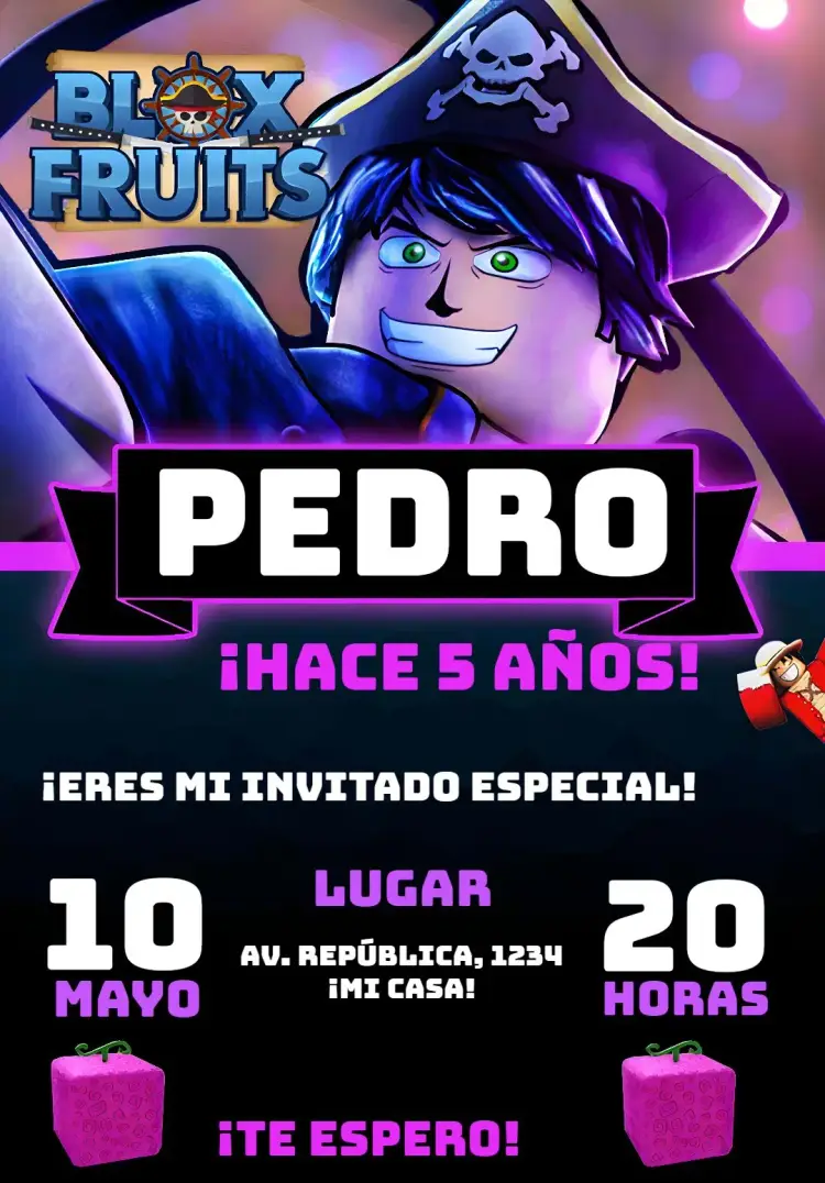 Invitación Blox Fruits Roblox One Piece Lila editable y personalizable