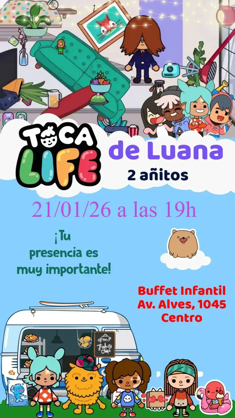Invitación Toca Life – tema Cumpleaños Infantil colorido, divertido, lúdico, moderno, ilustraciones infantiles