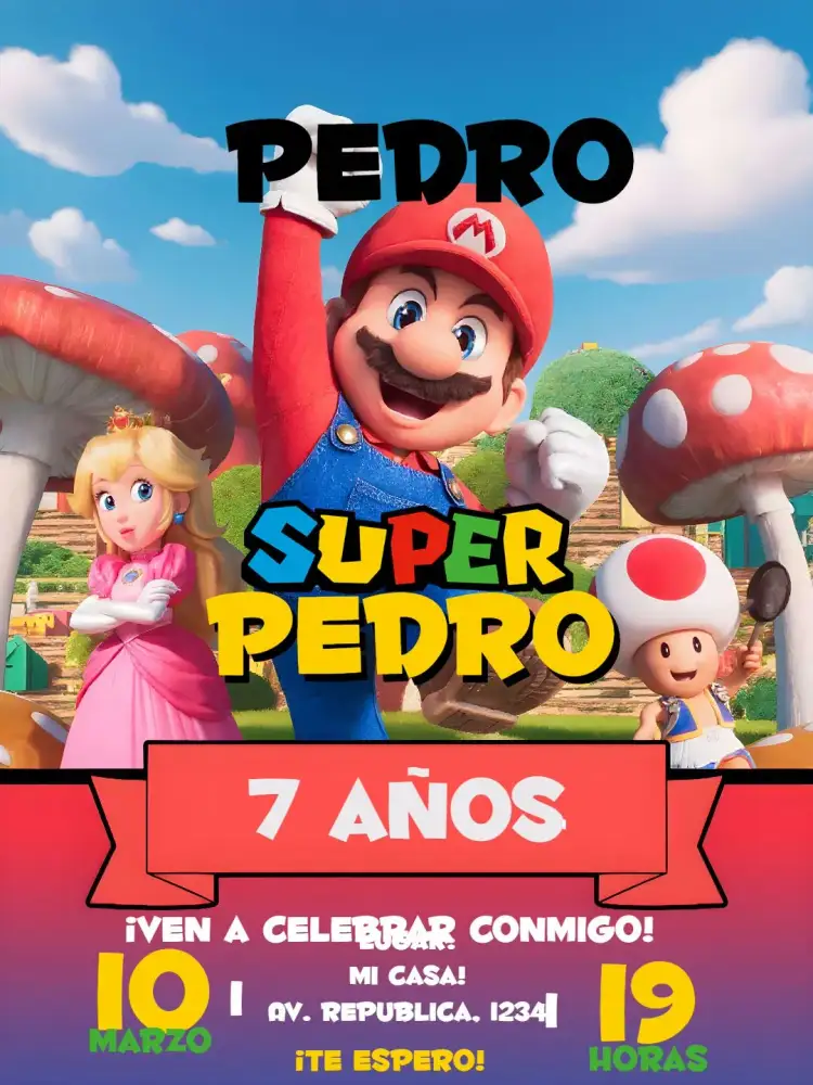 Invitación Super Mario Bros Peach – tema Más buscados colorido, divertido, juego, infantil, alegre, vintage