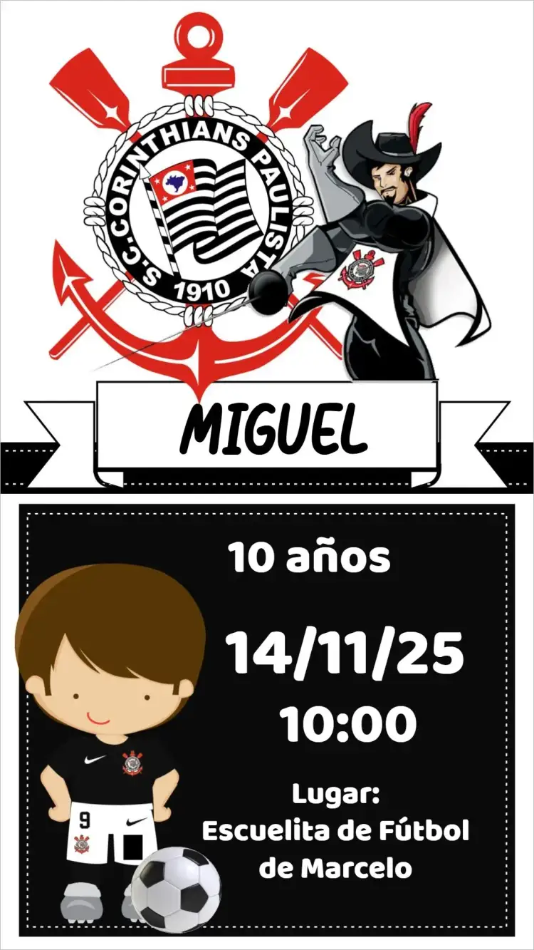 Invitación Corinthians – tema Cumpleaños colores del Corinthians, estilo deportivo, elementos gráficos de fútbol, diseño moderno, vibrante, dinámico