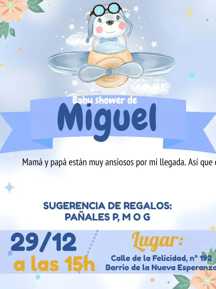 Invitación Baby Shower Aviator Teddy Bear White – tema Baby Shower aviador, infantil, suave, blanco, azul, naranja
