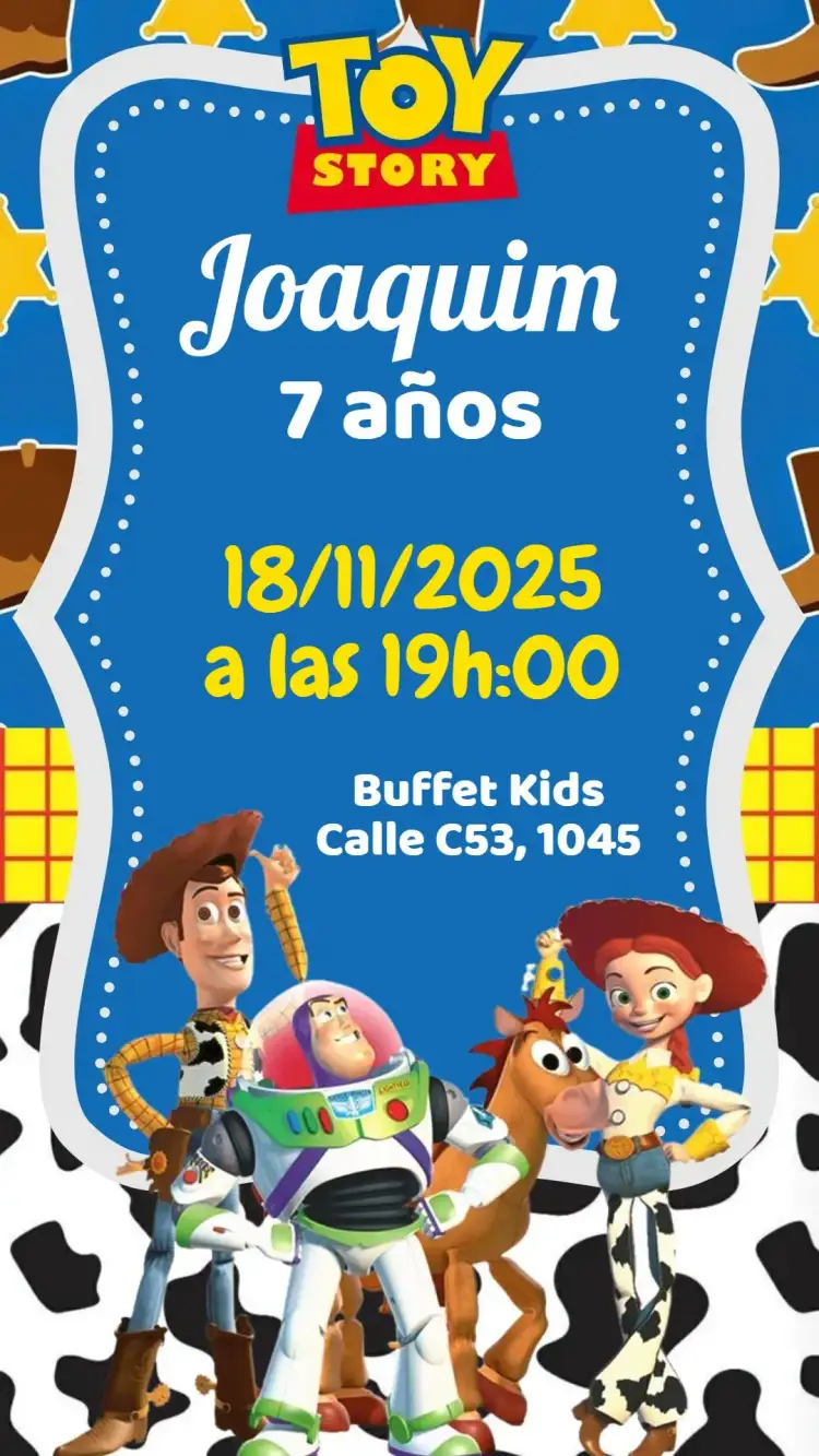 Invitación Toy Story – tema Cumpleaños Infantil vaquero, animación
