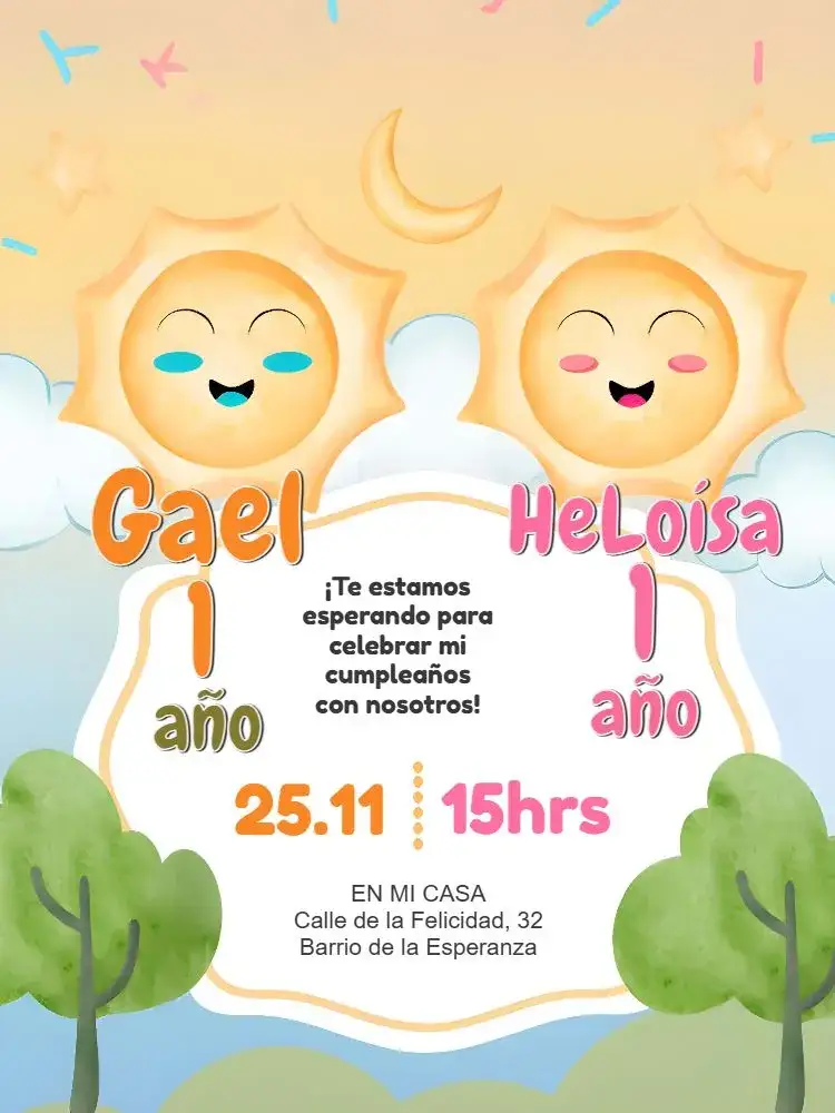 Invitación Doble Vuelta al Sol Naranja – tema Primera Comunión colores vibrantes, estilo lúdico, elementos gráficos infantiles, diseño alegre, tema celestial