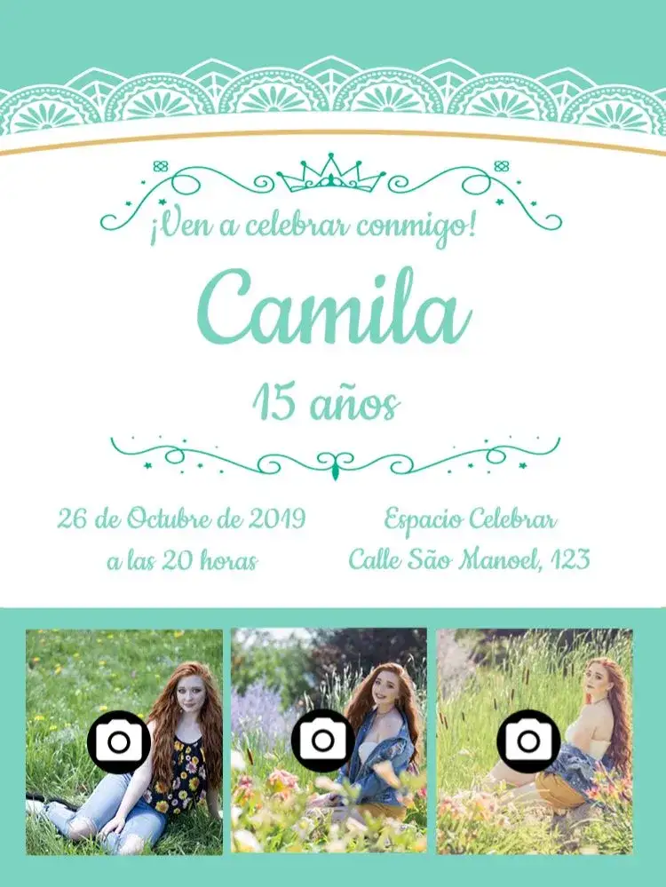 Invitación 15 Años Con Fotos Rendado – tema 15 años delicado, rendado, verde agua, moderno, femenino, mosaico