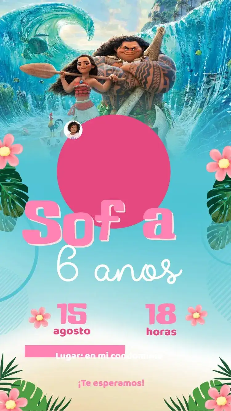 Invitación Moana – tema Cumpleaños Infantil colores vibrantes, estilo tropical, elementos marinos, inspirado en Disney, diseño divertido, temática de aventura