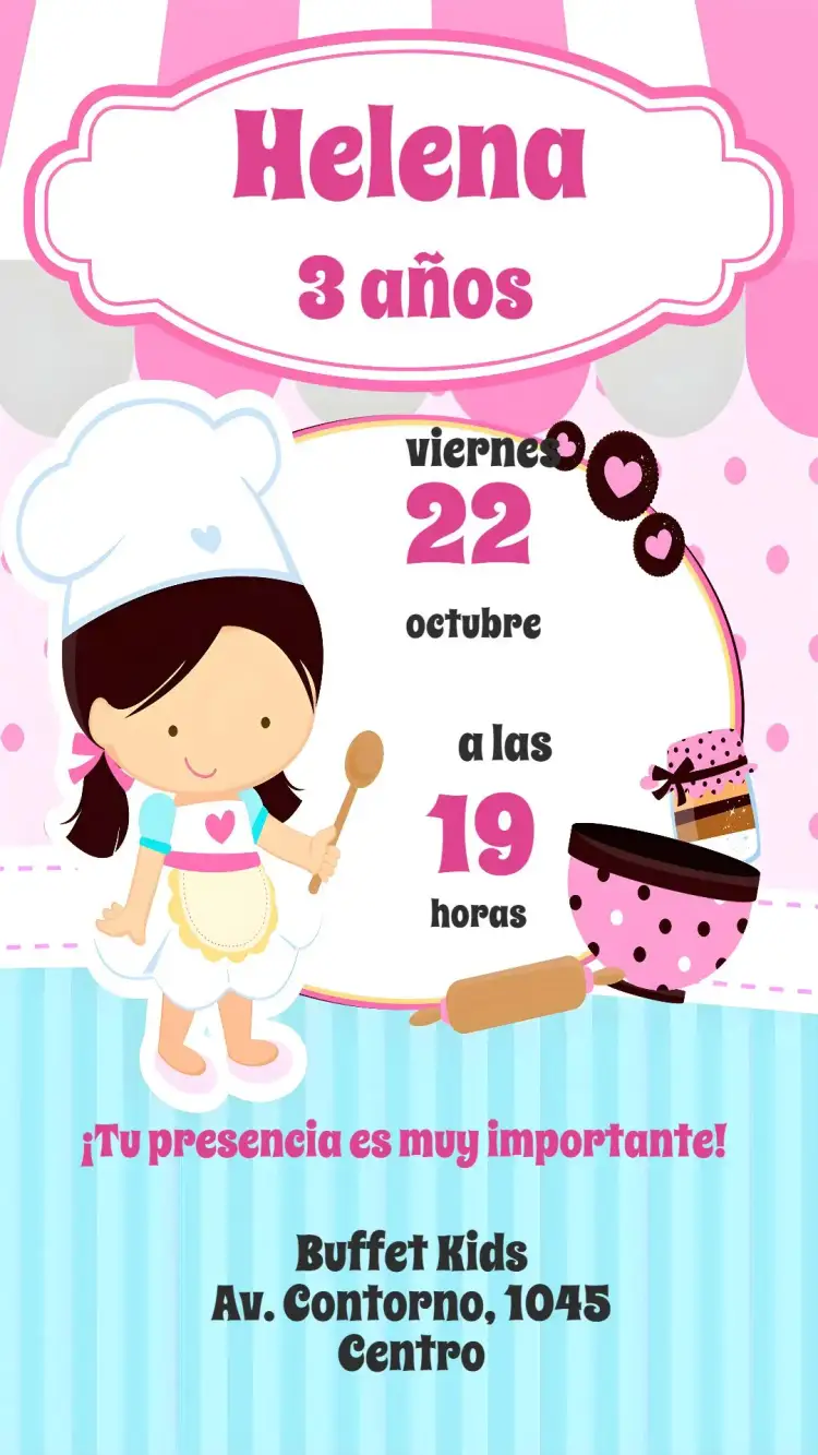 Invitación Pastelería Niña – tema Cumpleaños Infantil pastel, colorido, lúdico, divertido, doce, femenino