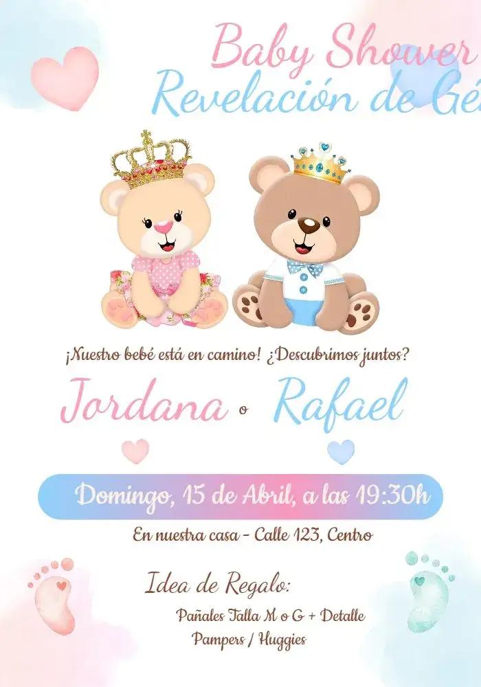 Invitación Baby Shower Ositos Rosa y Azul Princesa – tema Revelación Bebé acuarela, delicado, rosa y azul, infantil, tema de princesa, osos