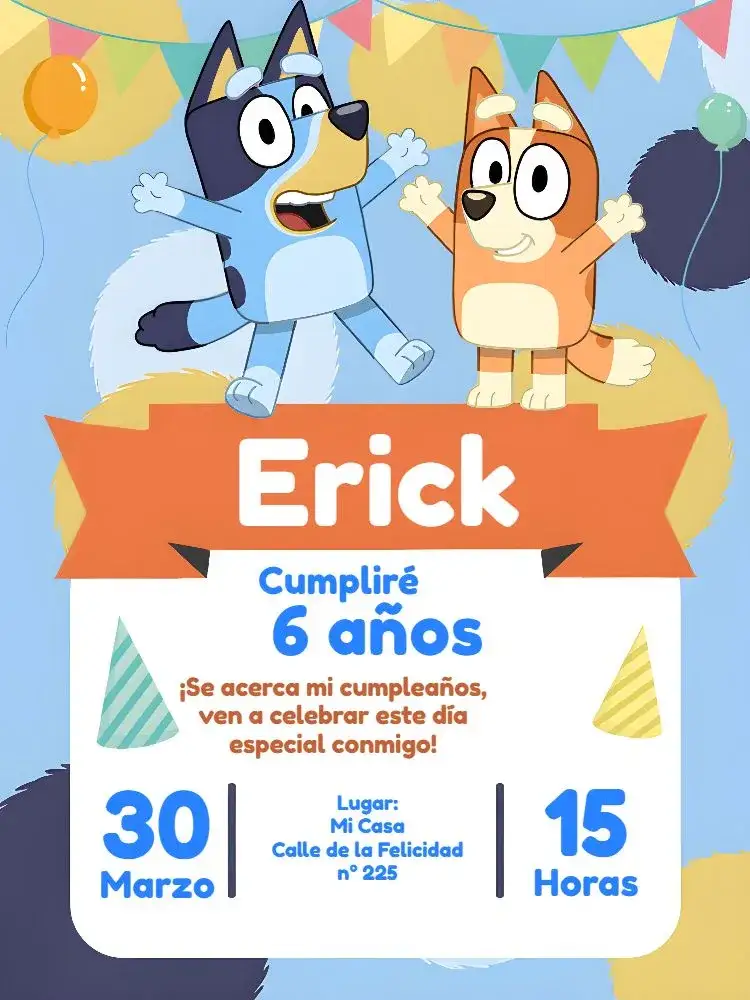 Invitación Bluey Y Bingo Perro – tema Más buscados colorido, divertido, infantil, animado, temático, brincalhão