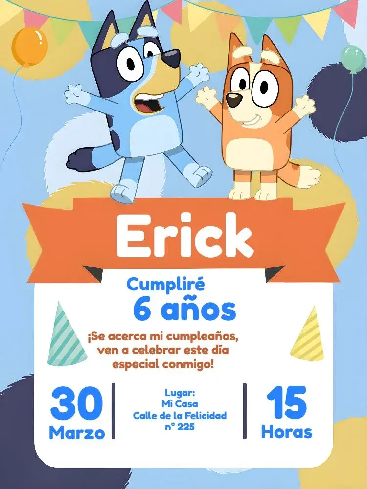 Invitación Bluey Y Bingo Perro