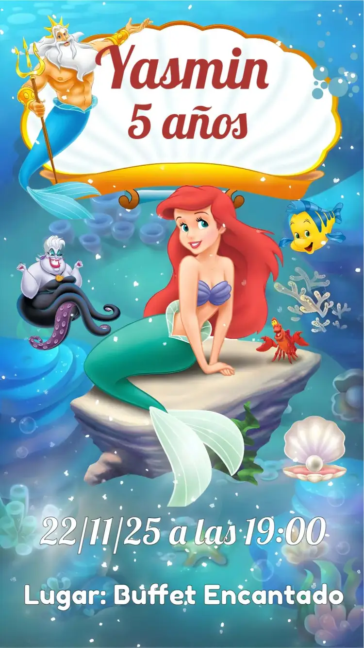 Invitación Sirena Ariel – tema Cumpleaños Infantil bajo el mar, sirena, vida marina