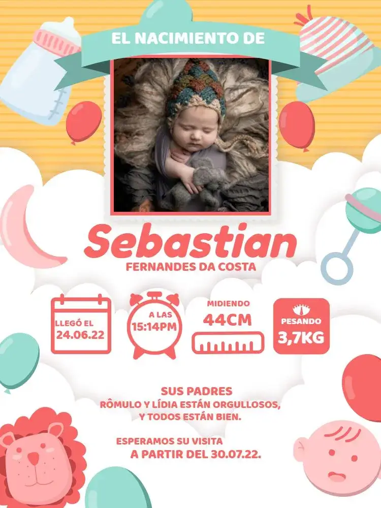Invitación Tarjeta De Celebración Nacimiento Bebé León – tema Tarjeta colorido, lúdico, temática de animales, vibrante, infantil