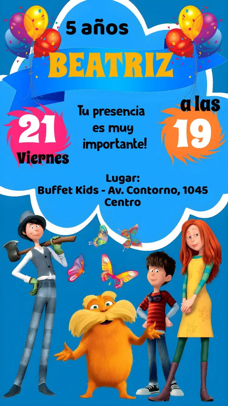 Invitación Lorax – tema Cumpleaños Infantil colorido, divertido, natural, ilustraciones infantiles, ecológico, alegre