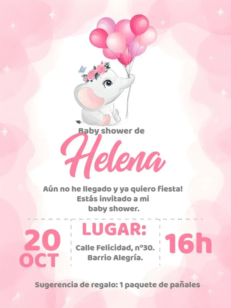 Invitación Baby Shower Elefantita Bebé – tema Baby Shower rosa, blanco, elefantito, corazones, divertido, femenino