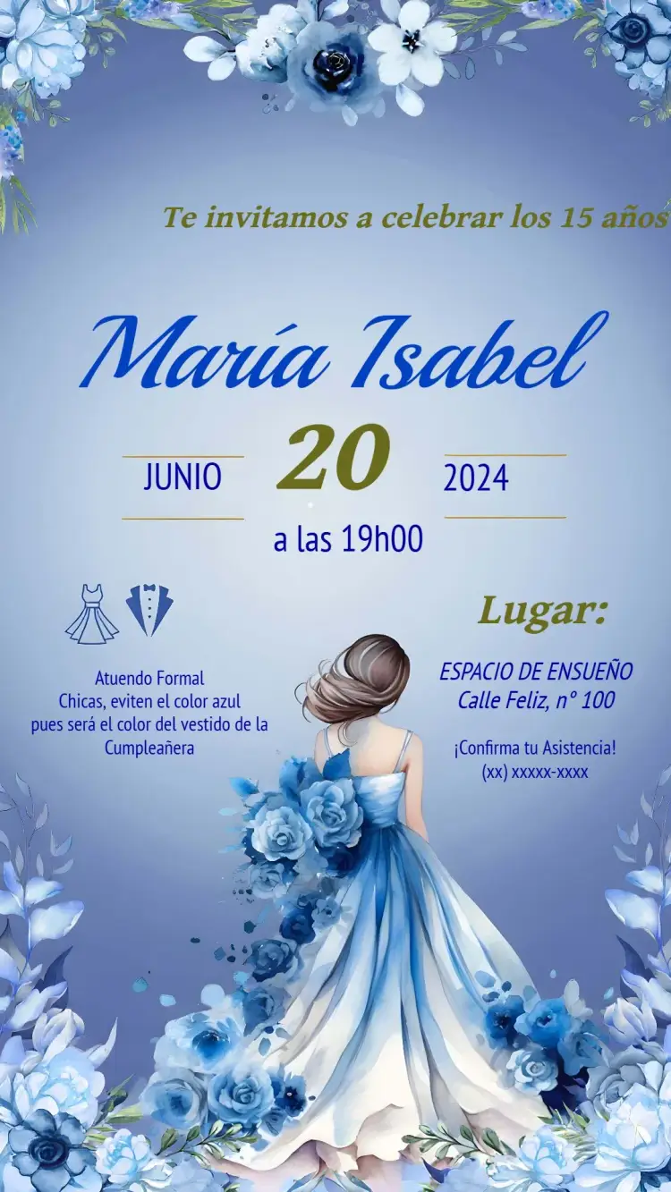 Invitación 15 Años Princesa Azul editable y personalizable