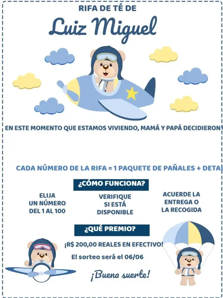 Invitación Té Rifa Osito Aviador Globos – tema Té Rifa azul, amarillo, azul marino, globos, osito, aviador