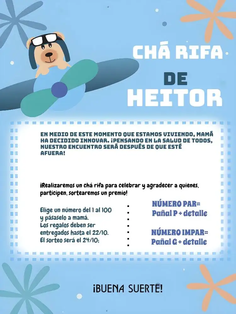 Invitación Té Rifa Osito Aviador Azulverde – tema Té Rifa lúdico, moderno, colorido, infantil, aviador