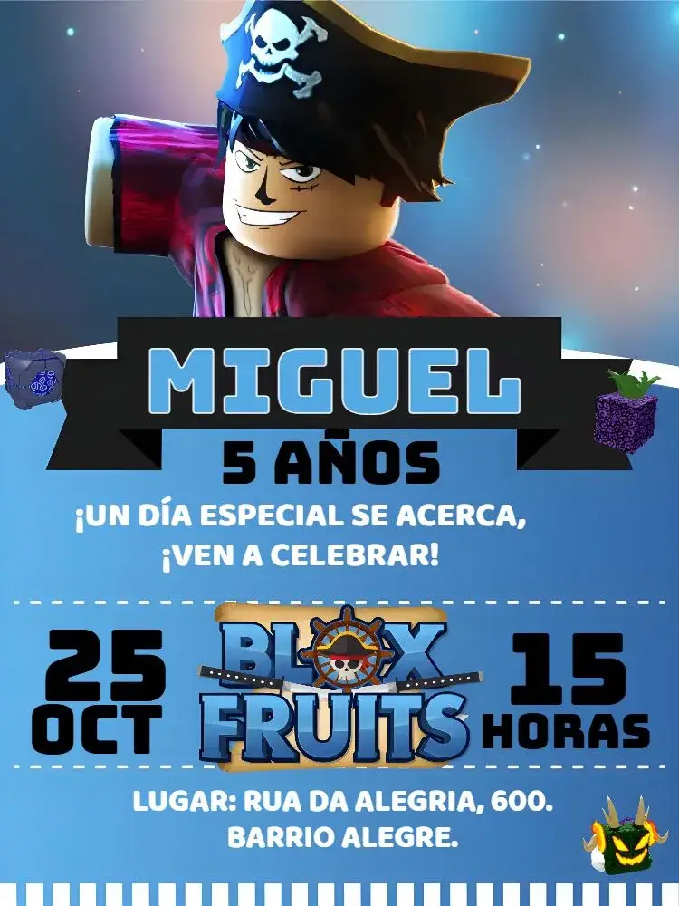 Invitación Blox Fruits Con Foto Gamer editable y personalizable