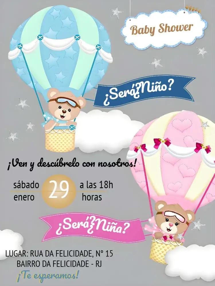 Invitación Chá De Revelación Ositos Globos Aerostáticos Globos Aerostáticos – tema Revelación Bebé lindo, colorido, infantil, moderno, delicado