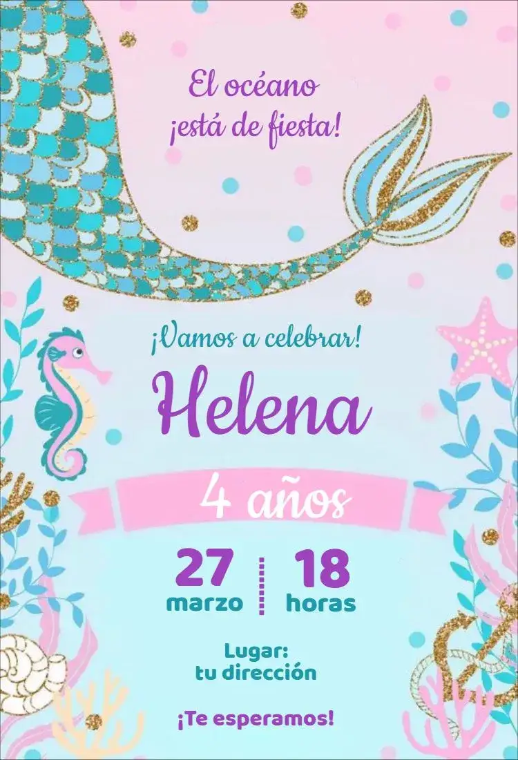Invitación Sirena acuarela 1 – tema Cumpleaños Infantil acuarela, azul marino, colores pastel, fantasía, ilustración lúdica