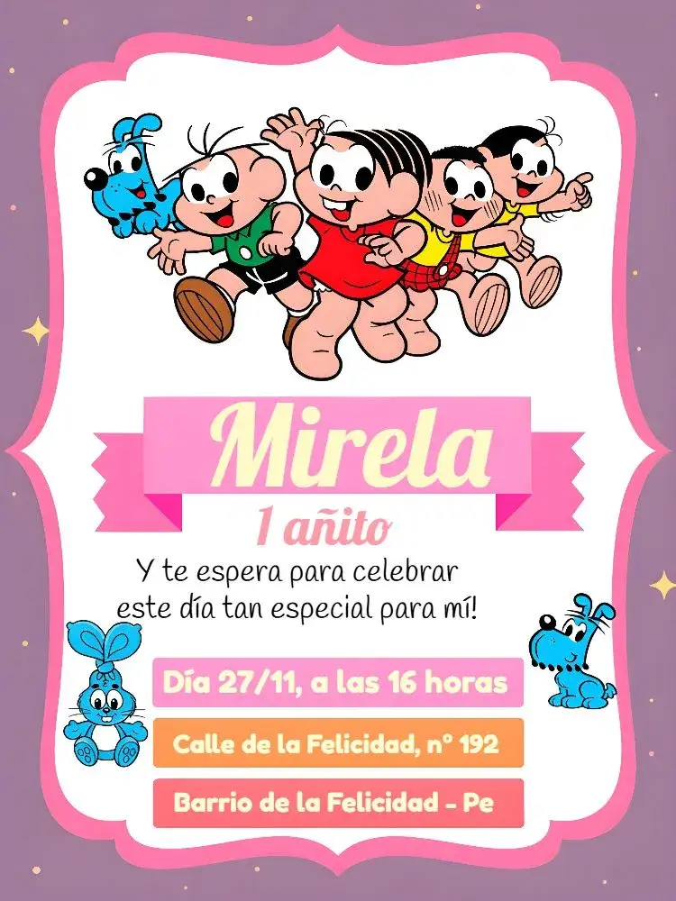 Invitación Turma De Mónica Blanco – tema Cumpleaños Infantil infantil, lúdico, colorido, divertido, temático, moderno