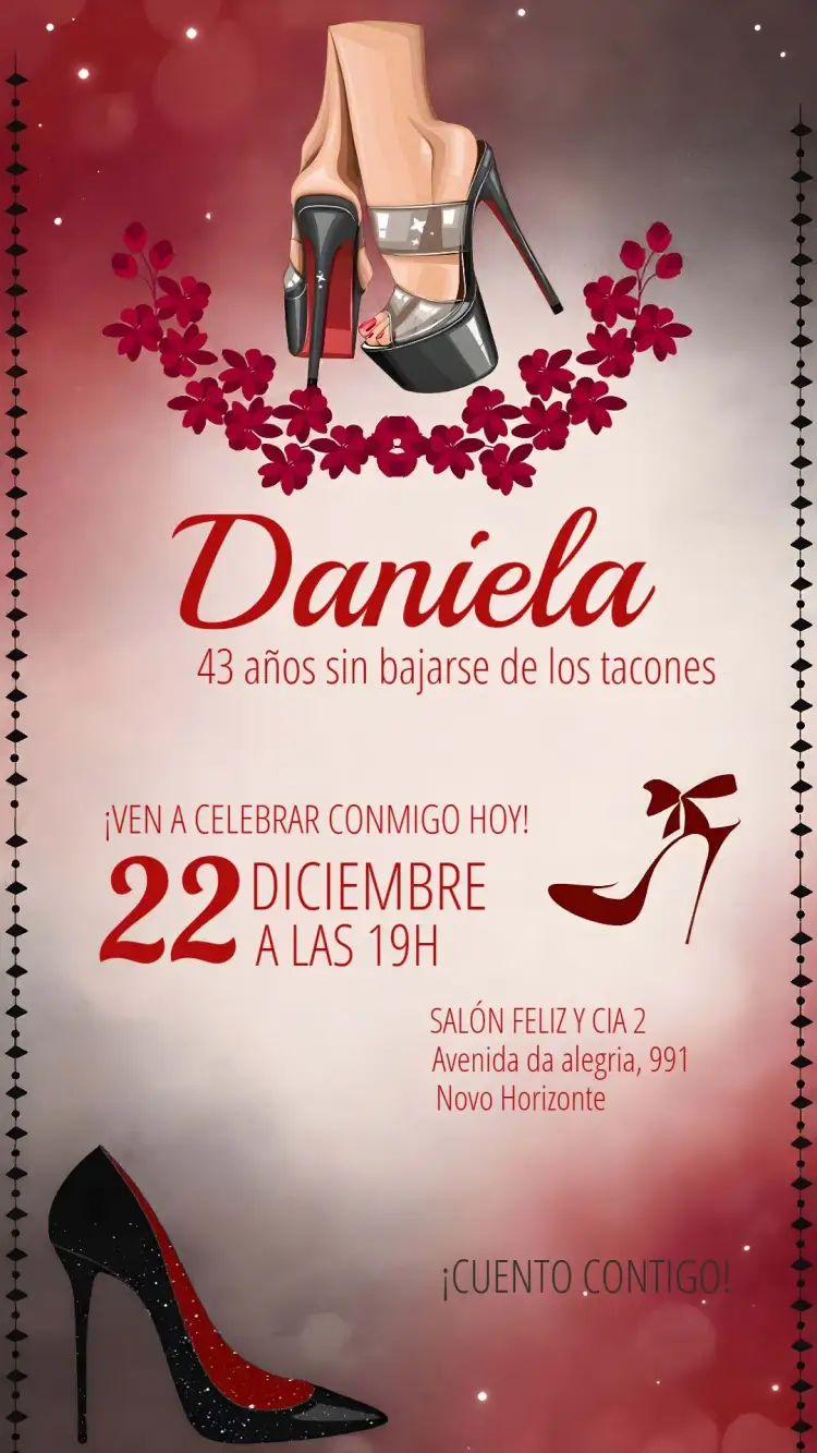 Invitación Zapato de Tacón Alto – tema Cumpleaños moderno, elegante, glamoroso, rojo y negro, fashion, chic