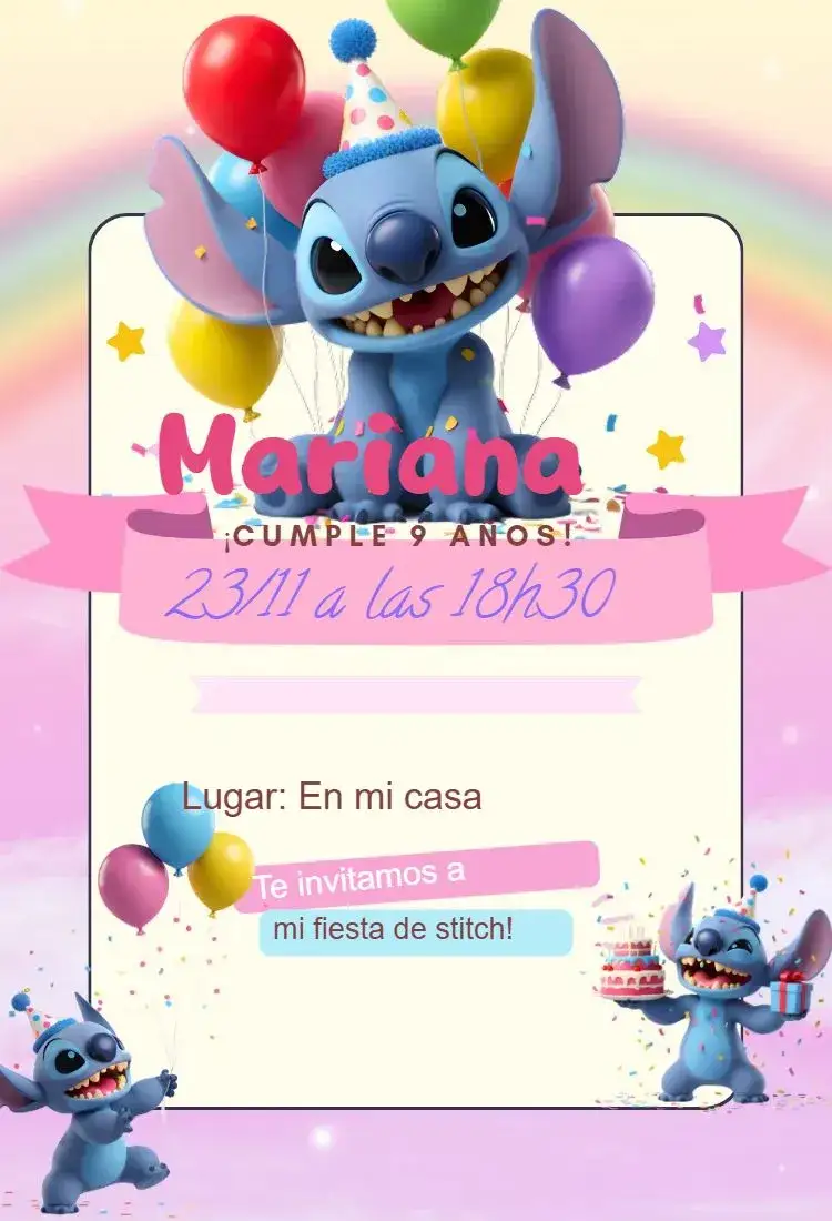 Invitación invitación digital de Stitch – tema Cumpleaños kawaii, moderno, colorido, infantil, divertido