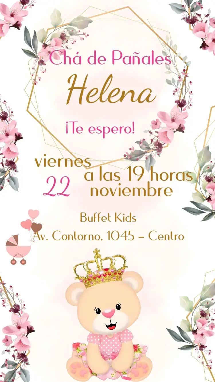 Invitación Chá de Pañales – tema Baby Shower rosa, dorado, princesa, osita, lúdico, divertido