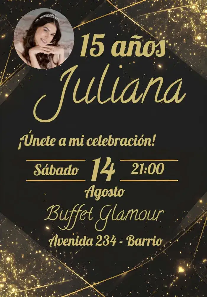 Invitación 15 Años Dorado Con Foto Negro – tema Cumpleaños oro, negro, brillo, moderno, lujo, galaxia