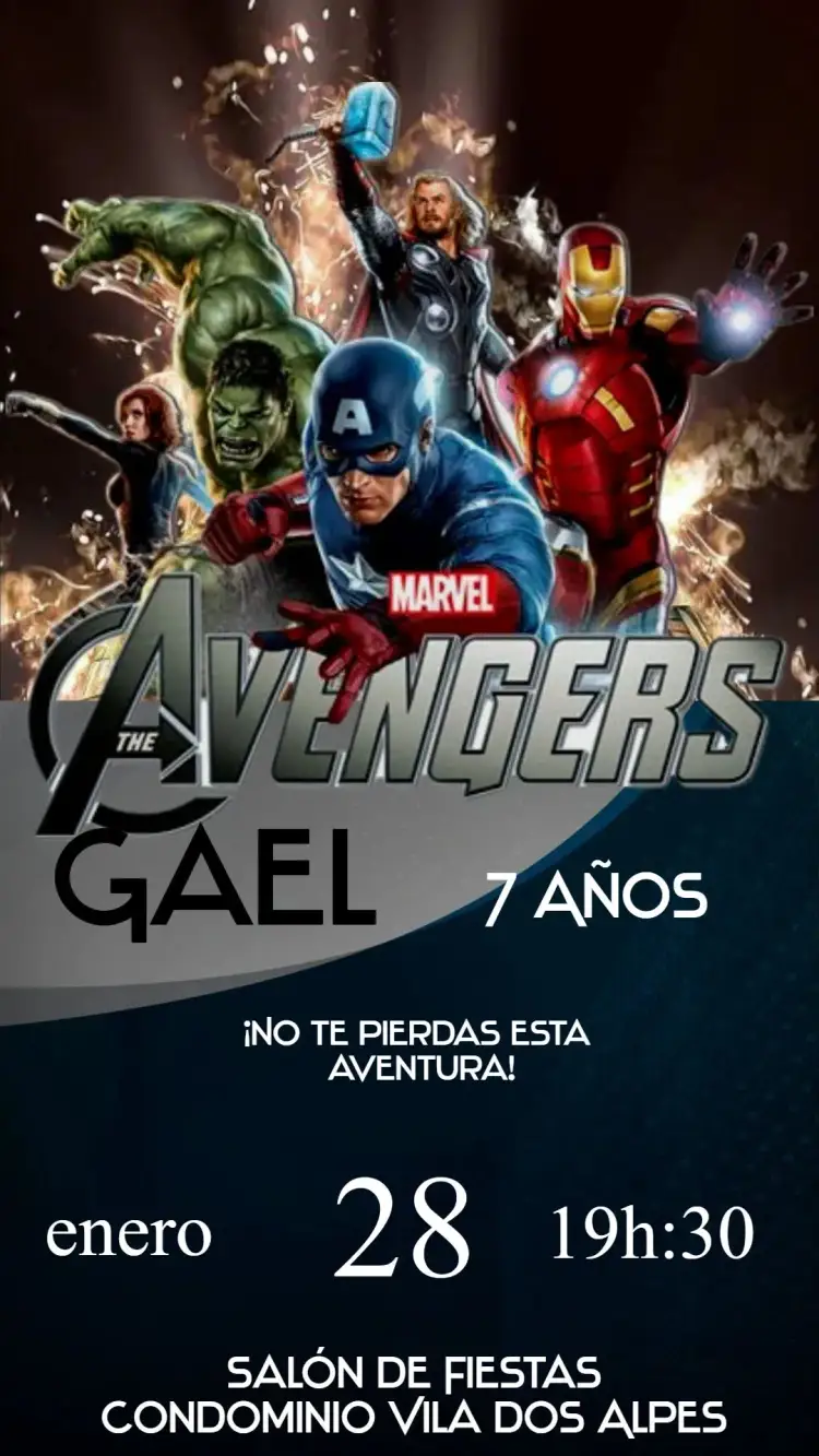 Invitación Los Vengadores – tema Cumpleaños Infantil colores vibrantes, estilo moderno, elementos gráficos de héroes, diseño dinámico, temática de acción, inspirado en Marvel