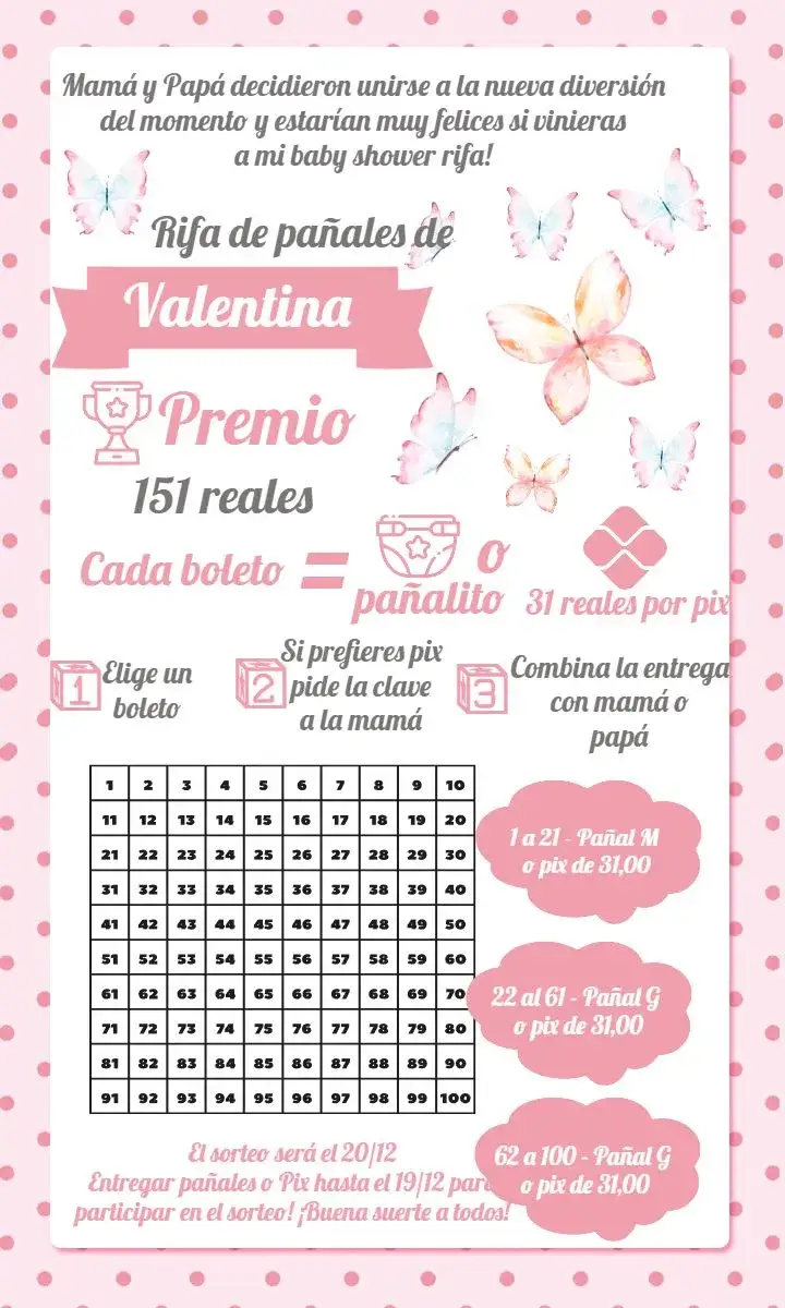 Invitación Chá Rifa Mariposas Acuarela 100 – tema Té Rifa acuarela, delicado, rosa y gris, floral, niña, moderno