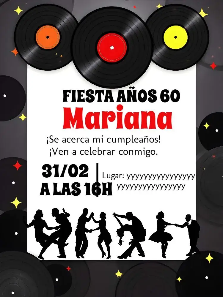 Invitación Años 60 Lunares – tema Cumpleaños vintage, disco, colorido, retro, divertido