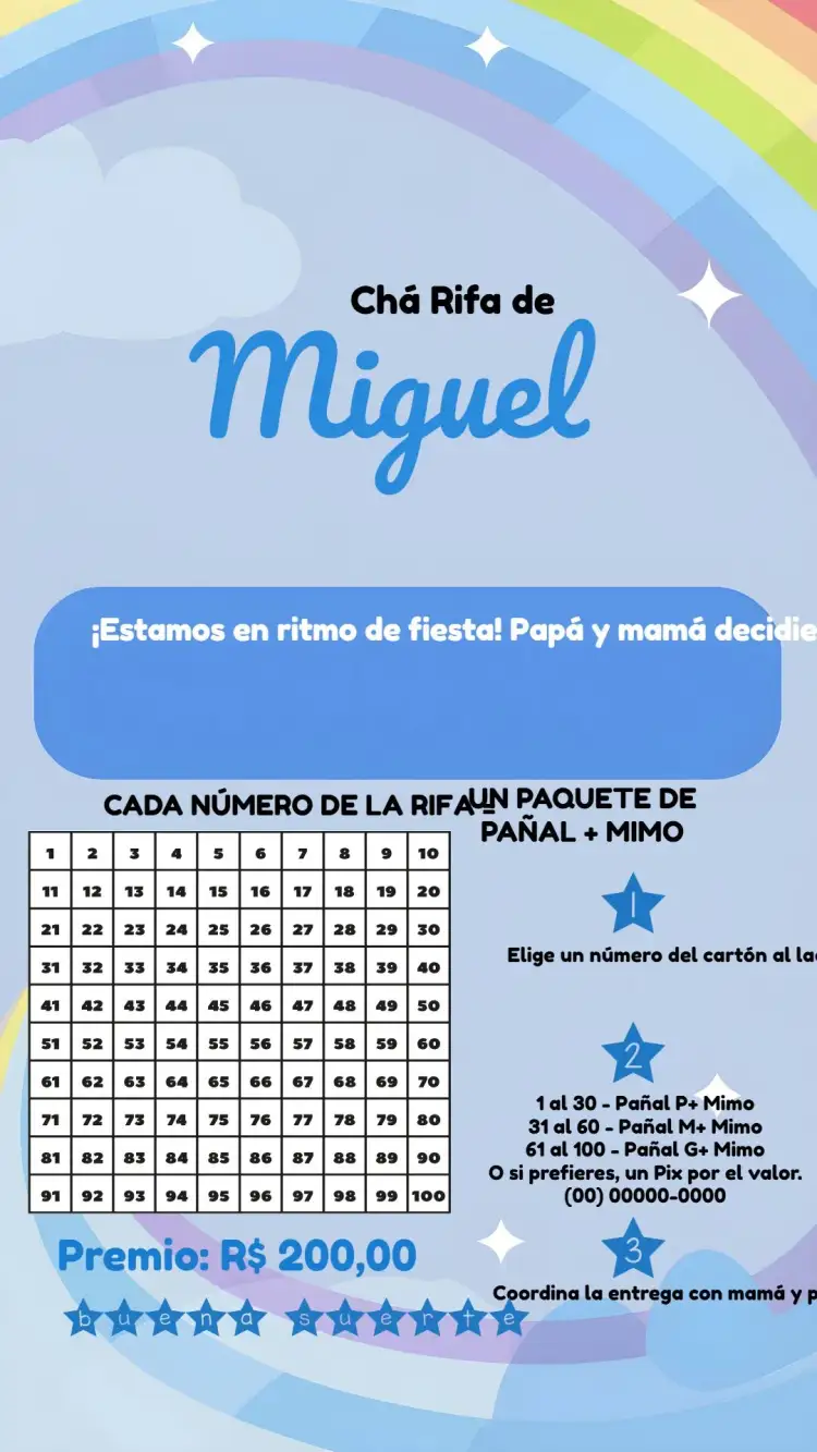 Invitación Té Rifa Lluvia De Amor Cartela – tema Té Rifa nubes, azul y blanco, lúdico, delicado, moderno