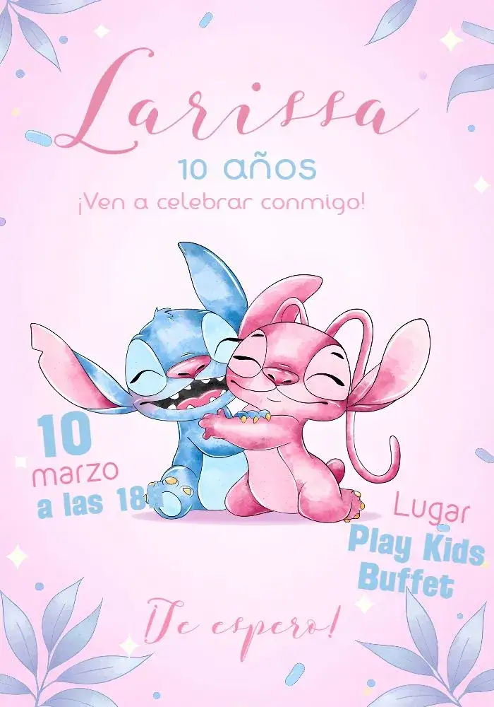 Invitación Stitch Y Lola Angel Lilo – tema Más buscados rosa, divertido, temático, infantil, colorido, lúdico