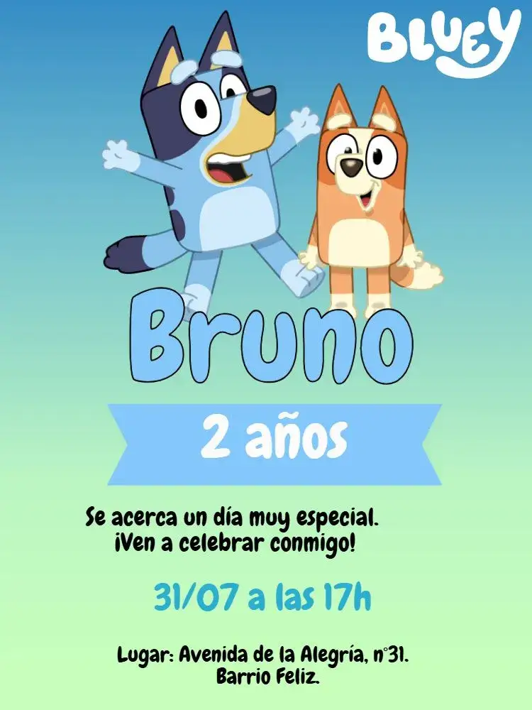 Invitación Bluey y Bingo Dibujo – tema Más buscados azul, lúdico, infantil, divertido, colorido, temática de dibujo