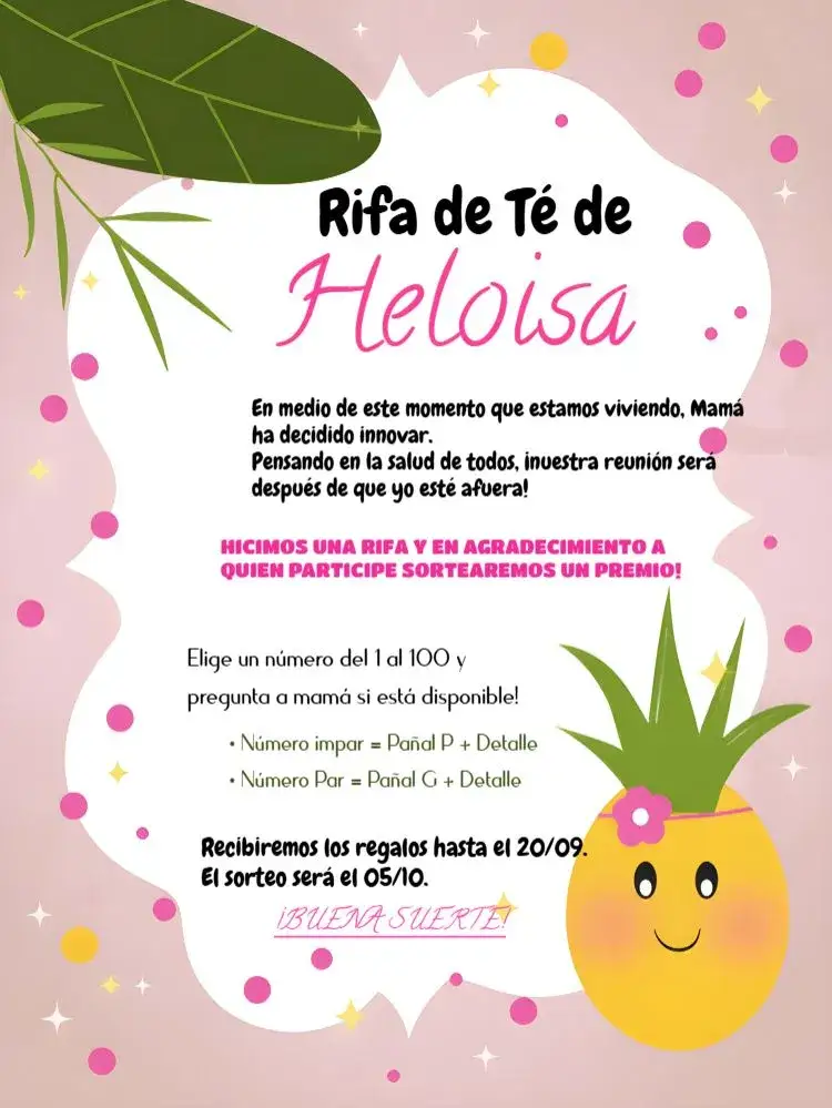 Invitación Té Rifa Frutitas Piña Rosa – tema Té Rifa tropical, colorido, divertido, moderno, femenino